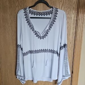 Joan Vass White Blouse with Black Geometric Design